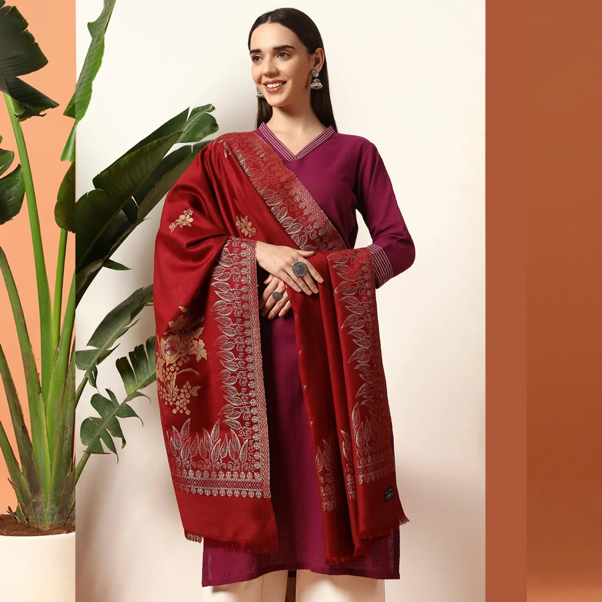 women-gift-for-wedding-maroon-leaf-stole WWS-504 (1)