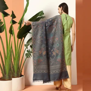 Women Grey Paisley Design Wool Blend Shawl - Image 6