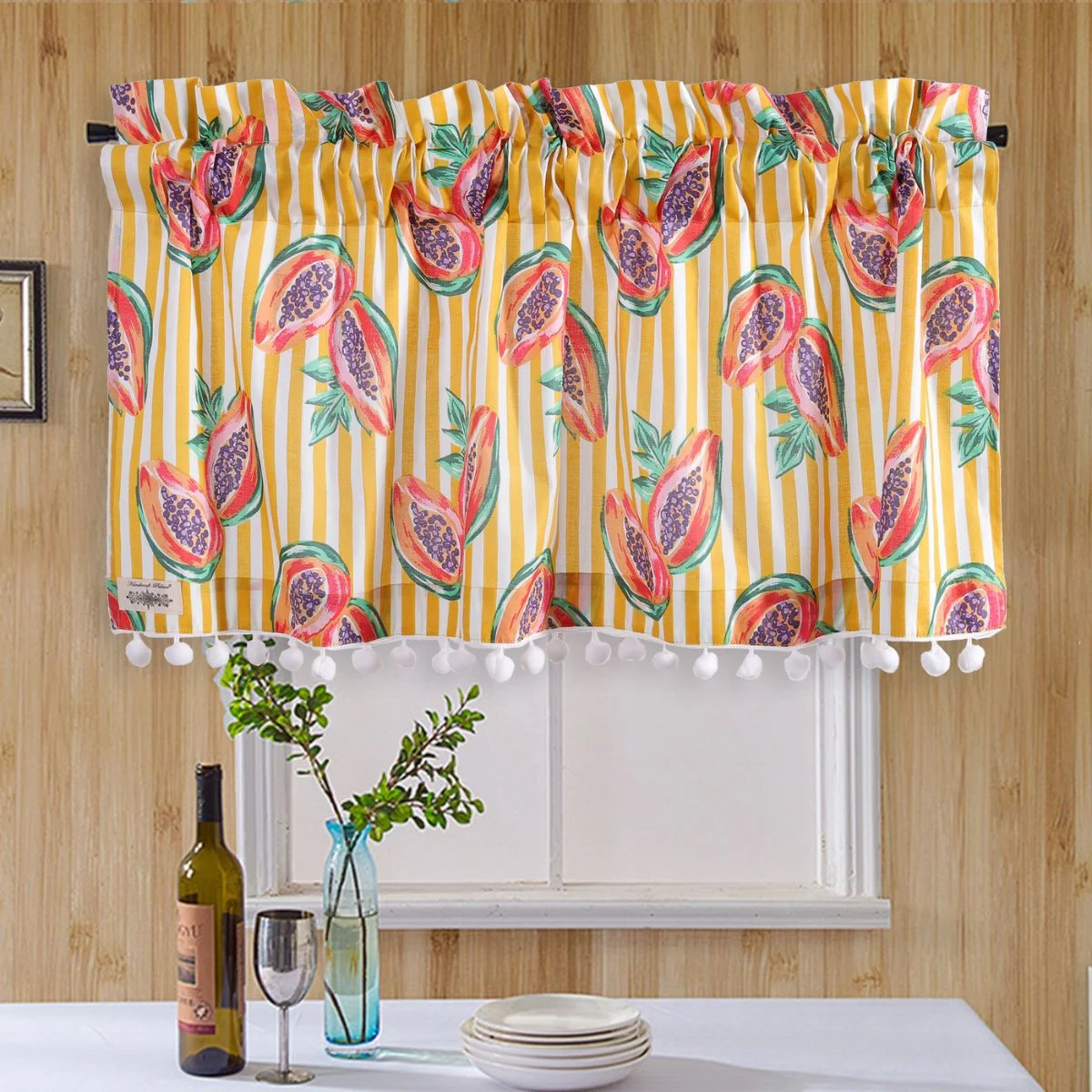 yellow-white-striped-papaya-print-curtain-with-pom-pom-lace KC-44 (1)