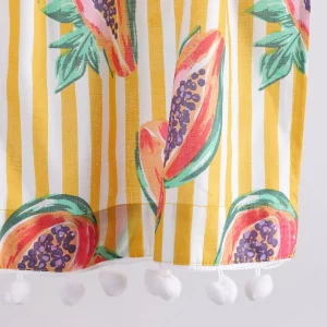 Yellow White Striped & Papaya Print Curtain With Pom Pom Lace - Image 3