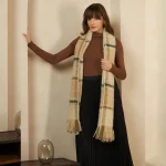 Beige Checked Pattern Women Wool Scarves