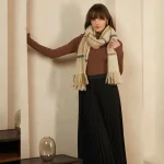 Beige Checked Pattern Women Wool Scarves - Image 3