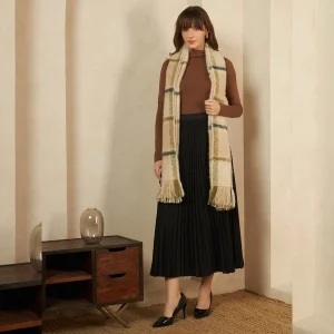 Beige Checked Pattern Women Wool Scarves - Image 7