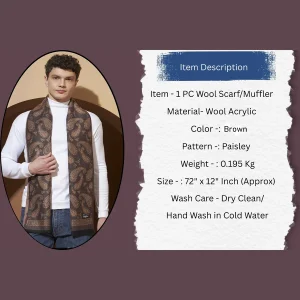 Men's Soft Wool Wrap Brown Paisley Neck Wrap Muffler - Image 7