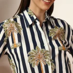 Beach Wear Blue Palm Tree Print Cotton Shirt For women's - Image 7