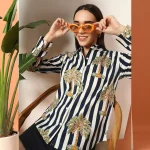 Beach Wear Blue Palm Tree Print Cotton Shirt For women's - Image 2