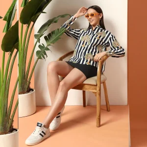 Beach Wear Blue Palm Tree Print Cotton Shirt For women's - Image 3