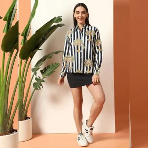 Beach Wear Blue Palm Tree Print Cotton Shirt For women's - Image 4