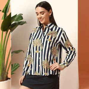 Beach Wear Blue Palm Tree Print Cotton Shirt For women's - Image 5