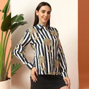 Beach Wear Blue Palm Tree Print Cotton Shirt For women's - Image 6