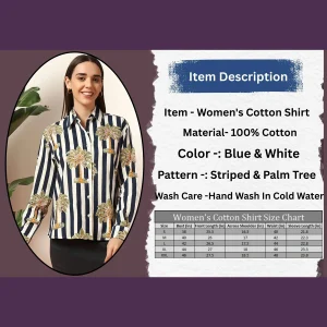 Beach Wear Blue Palm Tree Print Cotton Shirt For women's - Image 9