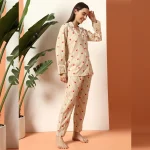 Beige Striped Printed Cotton Night Dress/Pyjama Set - Image 4