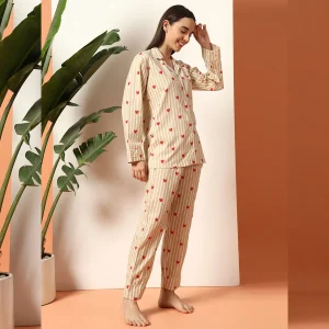 Beige Striped Printed Cotton Night Dress/Pyjama Set - Image 4