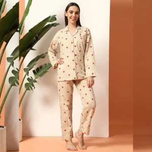 Beige Striped Printed Cotton Night Dress/Pyjama Set - Image 3