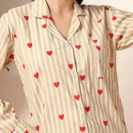 Beige Striped Printed Cotton Night Dress/Pyjama Set - Image 6