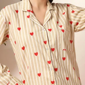 Beige Striped Printed Cotton Night Dress/Pyjama Set - Image 6