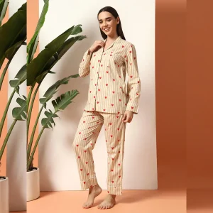 Beige Striped Printed Cotton Night Dress/Pyjama Set - Image 5