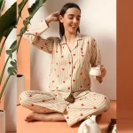 Beige Striped Printed Cotton Night Dress/Pyjama Set
