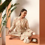 Beige Striped Printed Cotton Night Dress/Pyjama Set - Image 2