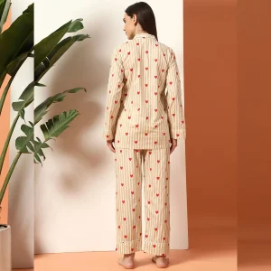 Beige Striped Printed Cotton Night Dress/Pyjama Set - Image 8