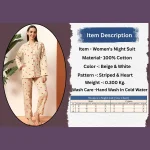 Beige Striped Printed Cotton Night Dress/Pyjama Set - Image 9
