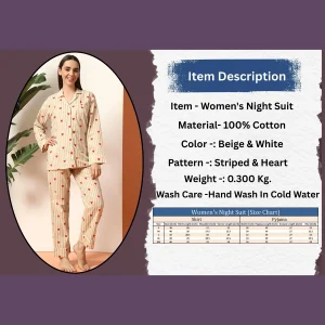 Beige Striped Printed Cotton Night Dress/Pyjama Set - Image 9