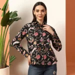 Black Floral Print Cotton Button Closure Shirt