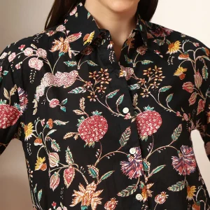 Black Floral Print Cotton Button Closure Shirt - Image 6