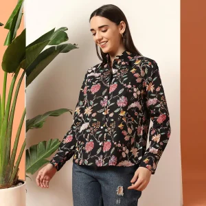 Black Floral Print Cotton Button Closure Shirt - Image 3