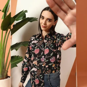 Black Floral Print Cotton Button Closure Shirt - Image 4
