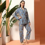Blue Striped & Floral Print Cotton Night Suit For Women's - Image 3