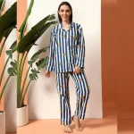 Blue Striped & Floral Print Cotton Night Suit For Women's - Image 4