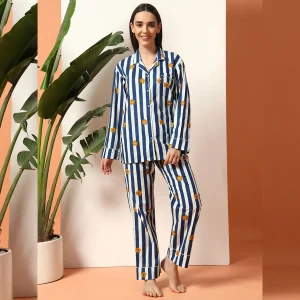 Blue Striped & Floral Print Cotton Night Suit For Women's - Image 4