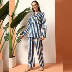 Blue Striped & Floral Print Cotton Night Suit For Women's - Image 5