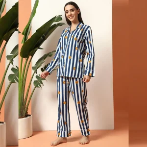 Blue Striped & Floral Print Cotton Night Suit For Women's - Image 5
