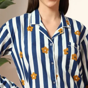 Blue Striped & Floral Print Cotton Night Suit For Women's - Image 6