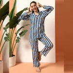 Blue Striped & Floral Print Cotton Night Suit For Women's - Image 2