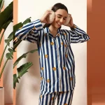 Blue Striped & Floral Print Cotton Night Suit For Women's