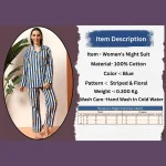 Blue Striped & Floral Print Cotton Night Suit For Women's - Image 8