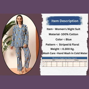 Blue Striped & Floral Print Cotton Night Suit For Women's - Image 8
