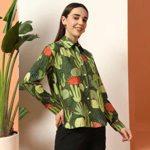Green Cactus Printed Pure Cotton Shirt For Women's - Image 3