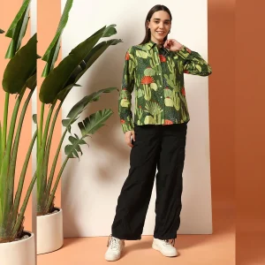 Green Cactus Printed Pure Cotton Shirt For Women's - Image 7