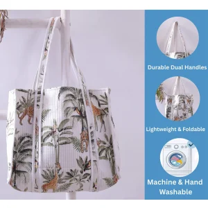 Handmade White Quilted Tote Shopping Bag Forest Printed - Image 8