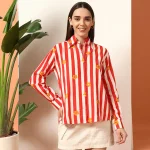 Red Striped Flower Printed Cotton Shirt Long Sleeve