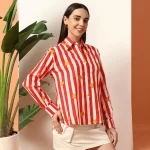 Red Striped Flower Printed Cotton Shirt Long Sleeve - Image 3