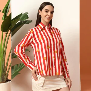 Red Striped Flower Printed Cotton Shirt Long Sleeve - Image 3