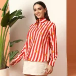 Red Striped Flower Printed Cotton Shirt Long Sleeve - Image 4