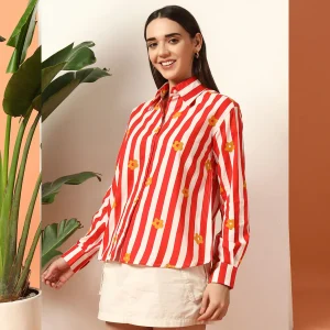 Red Striped Flower Printed Cotton Shirt Long Sleeve - Image 4