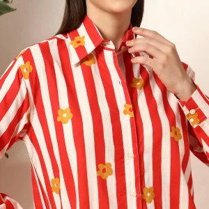 Red Striped Flower Printed Cotton Shirt Long Sleeve - Image 7