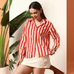 Red Striped Flower Printed Cotton Shirt Long Sleeve - Image 2